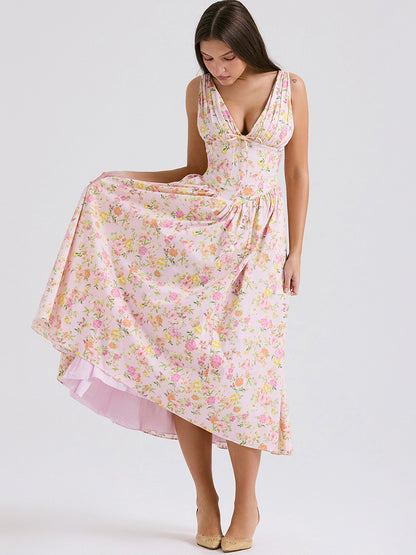 Sleeveless Dress Floral Pleated Knot Details Party Midi Dresses