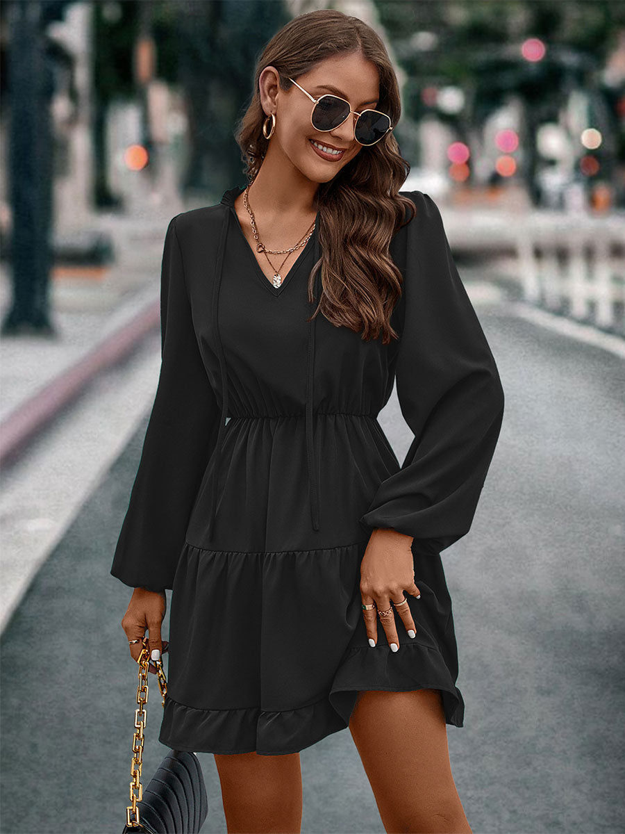 Mini Dresses V Neck Lantern Sleeves Flared Early Fall Dress
