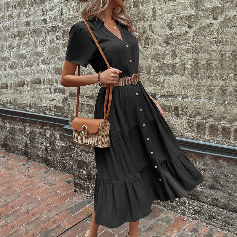 Black Vintage French V-Neck Maxi Dress for Women