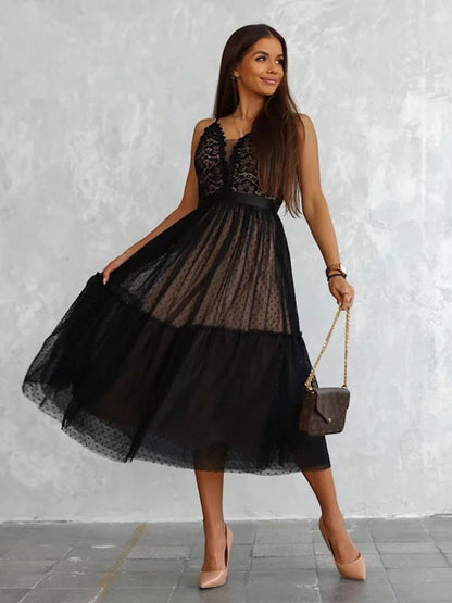 Birthday Lace V-Neck Sleeveless Midi Dresses