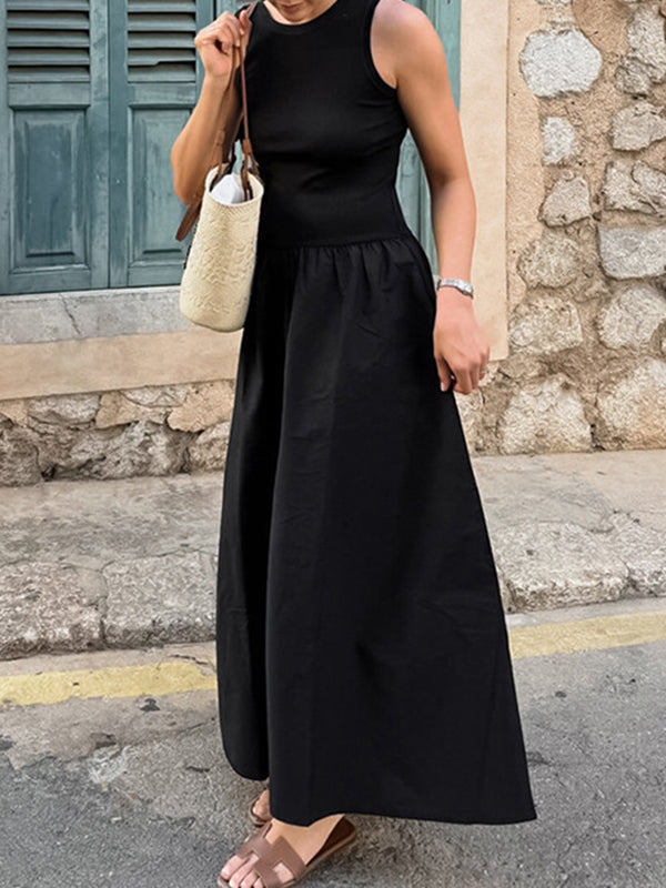 A-Line Sleeveless Solid Color Split-Joint Round-Neck Maxi Dresses
