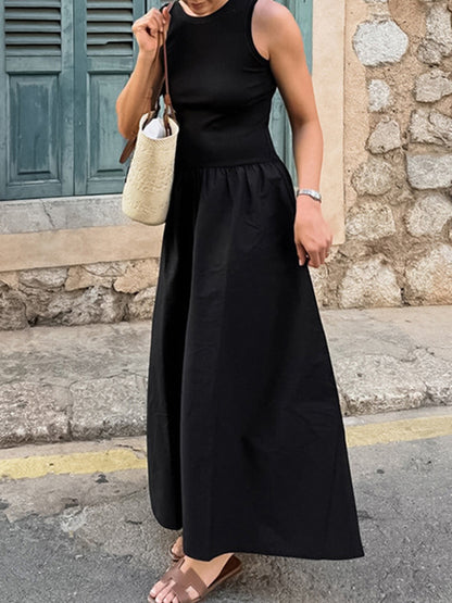 A-Line Sleeveless Solid Color Split-Joint Round-Neck Maxi Dresses