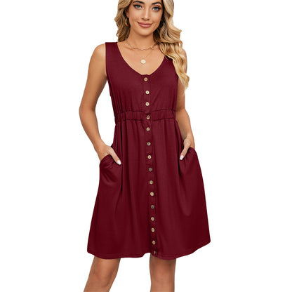 Solid Color Sleeveless Mini Dress with Button Details