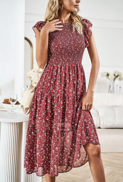 Always Falling Floral Tiered Midi Dress - Red