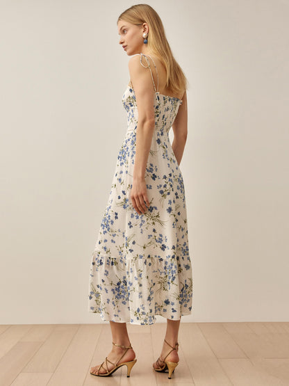 Floral Print Chiffon Casual V-Neck Sleeveless Midi Dress
