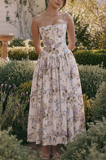Spaghetti Strap Floral Print Bustier A-line Maxi Dress