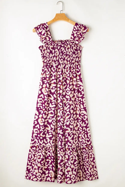 rose leopard ruffle straps maxi dress