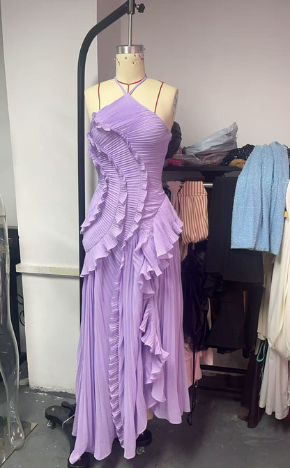 Halter Neck Pleated Maxi Dress – High-Quality Purple Vacation Dress