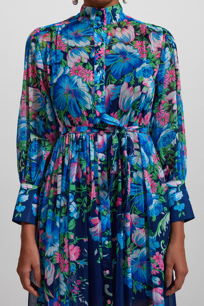 Floral Stand Collar Long Sleeve Midi Dress