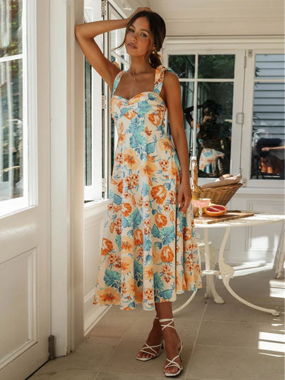 Floral Midi Dress Sweetheart Neck Sleeveless Zipper Chic Summer Dresses