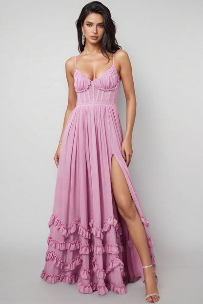 Zivene Pink Halter Fishbone Maxi Dress