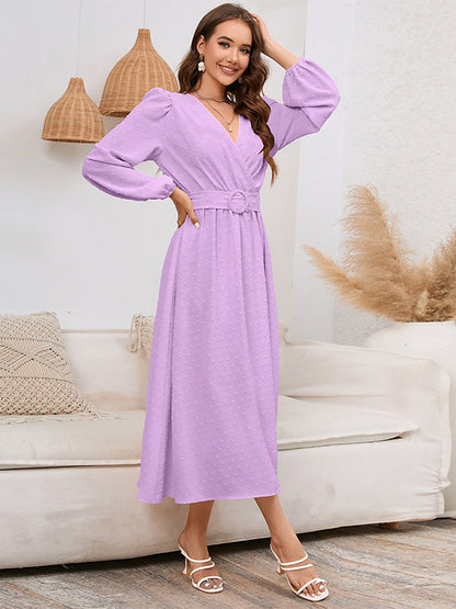 Midi Dresses V-Neck Lantern Sleeves Sash Chiffon Knee Length Dress