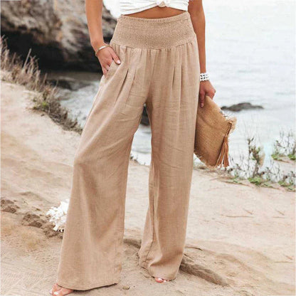 Women's High-Waisted Linen Wide-Leg Pants – Breathable Casual Summer Trousers