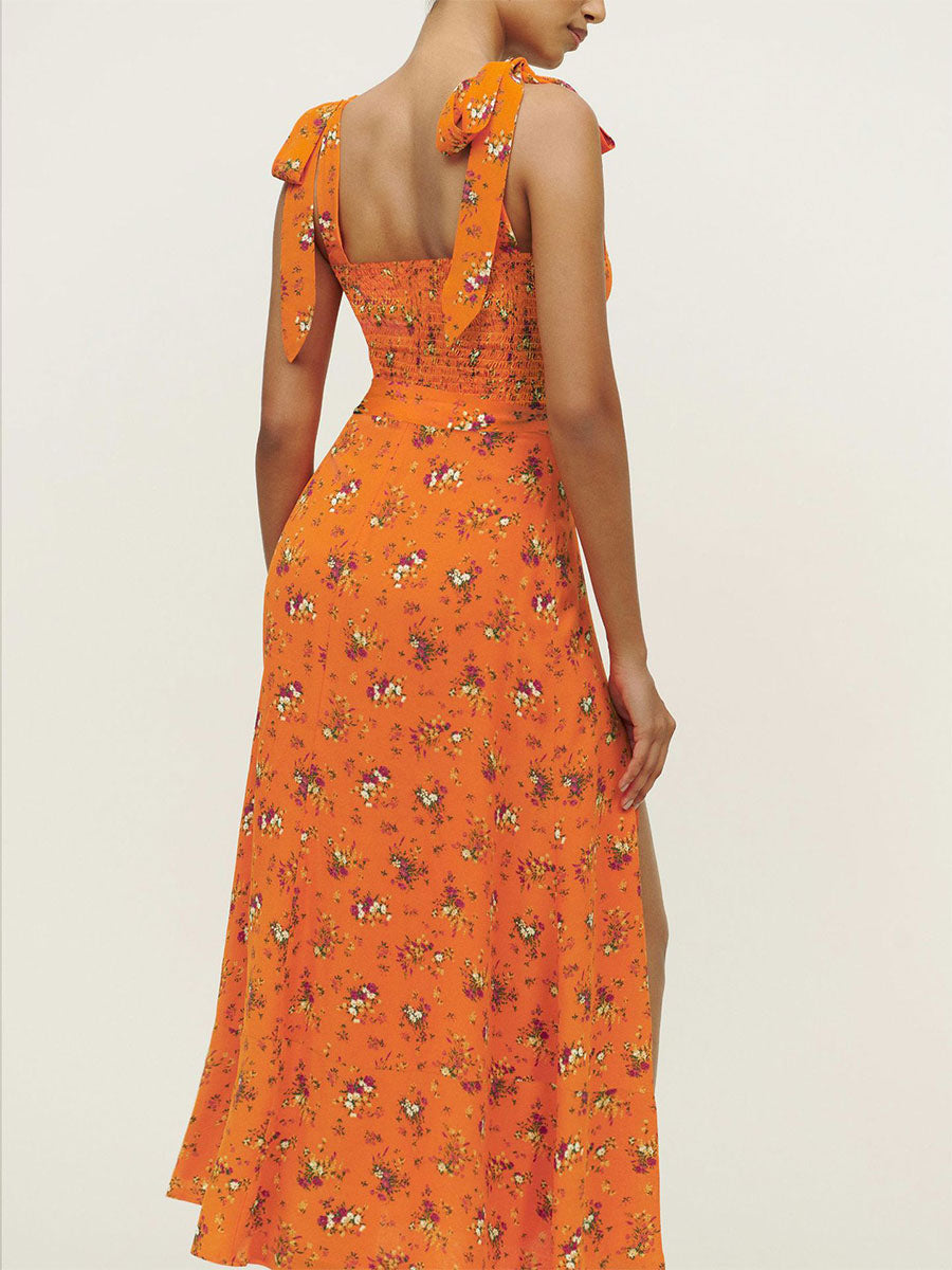 Floral Dress Sleeveless Casual High-slit Women Midi Dress