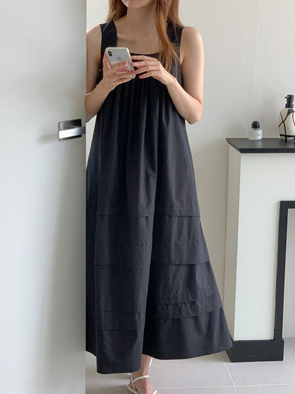 Loose Sleeveless Solid Color Square-Neck Midi Dresses