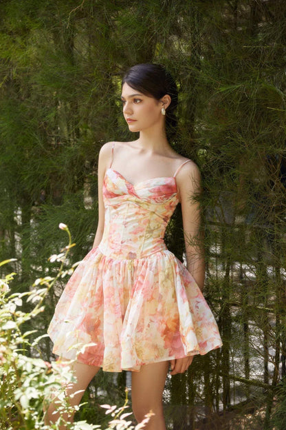 Floral Corset Pleated Large Hemline Cami Mini Dress
