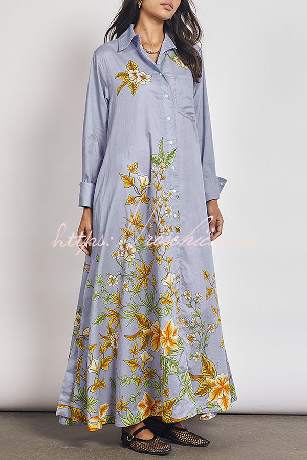 Opera Unique Floral Print Long Sleeve Pocket A-line Shirt Maxi Dress