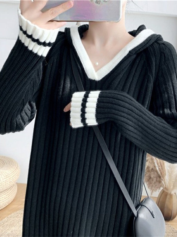 Urban Long Sleeves Loose Striped V-Neck Hooded Sweater Dresses