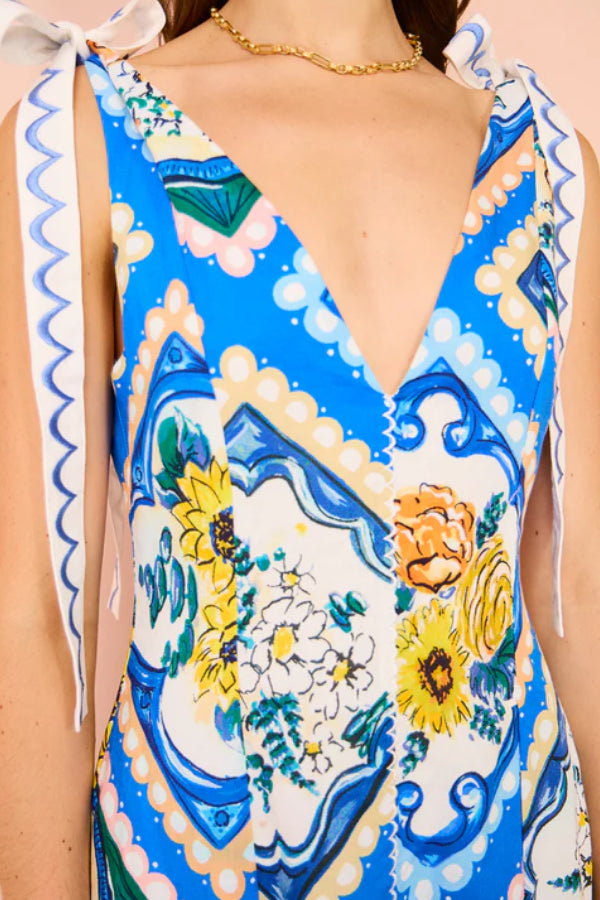 Tie Shoulder Maxi Dress In Azure Floral
