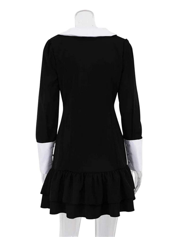 Tossy Vintage Contrast Mini Dress Female Ruffled Patchwork Lapel Elegant Club Gown Bandage Long Sleeve Fashion Slim Dress 2023