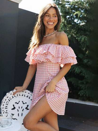 Barbie Pink Gingham Dress Bateau Neck Ruffles Plaid Summer Mini Dress