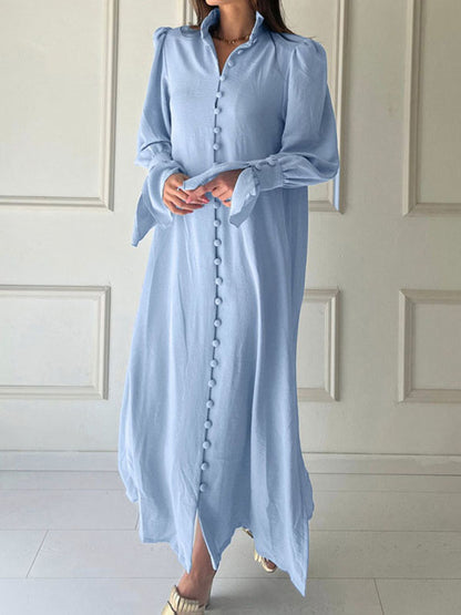 Flared Sleeves Long Sleeves Buttoned Solid Color Split-Side Stand Collar Midi Dresses Shirt Dress