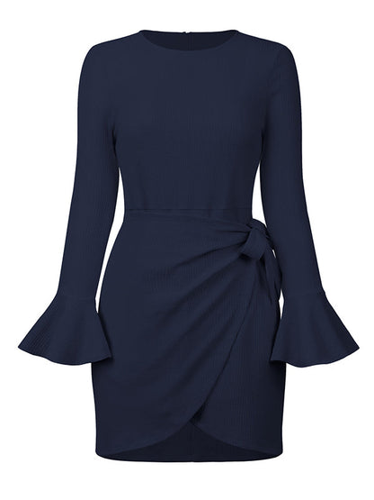 Simple Long Sleeves Skinny Tied Falbala Solid Color Round-Neck Mini Dresses