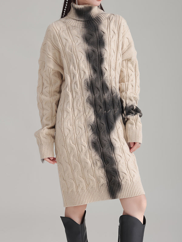 Long Sleeves Loose Contrast Color High Neck Mini Dresses Sweater Dresses