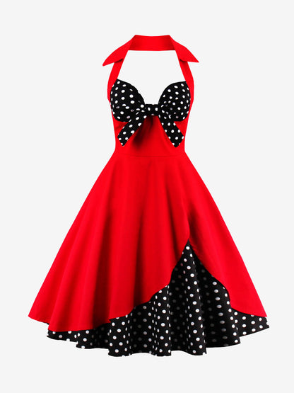 Red And Black Sexy Knot V Neck Halter Party Vintage Dress Women Pin Up Fit And Flare Layered Elegant Midi Dresses