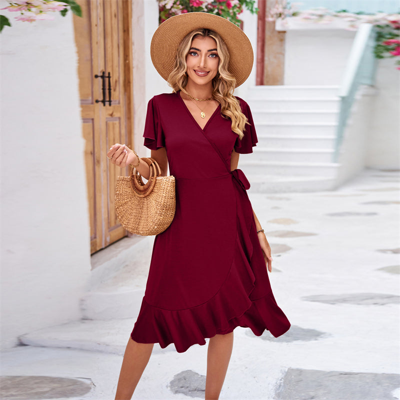 V-Neck Short Sleeve Irregular Midi Dress in Various Colors