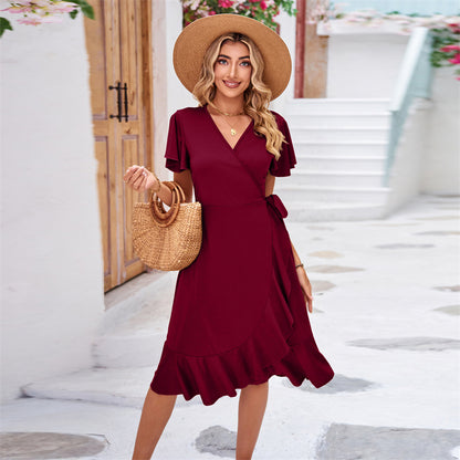 V-Neck Short Sleeve Irregular Midi Dress in Various Colors
