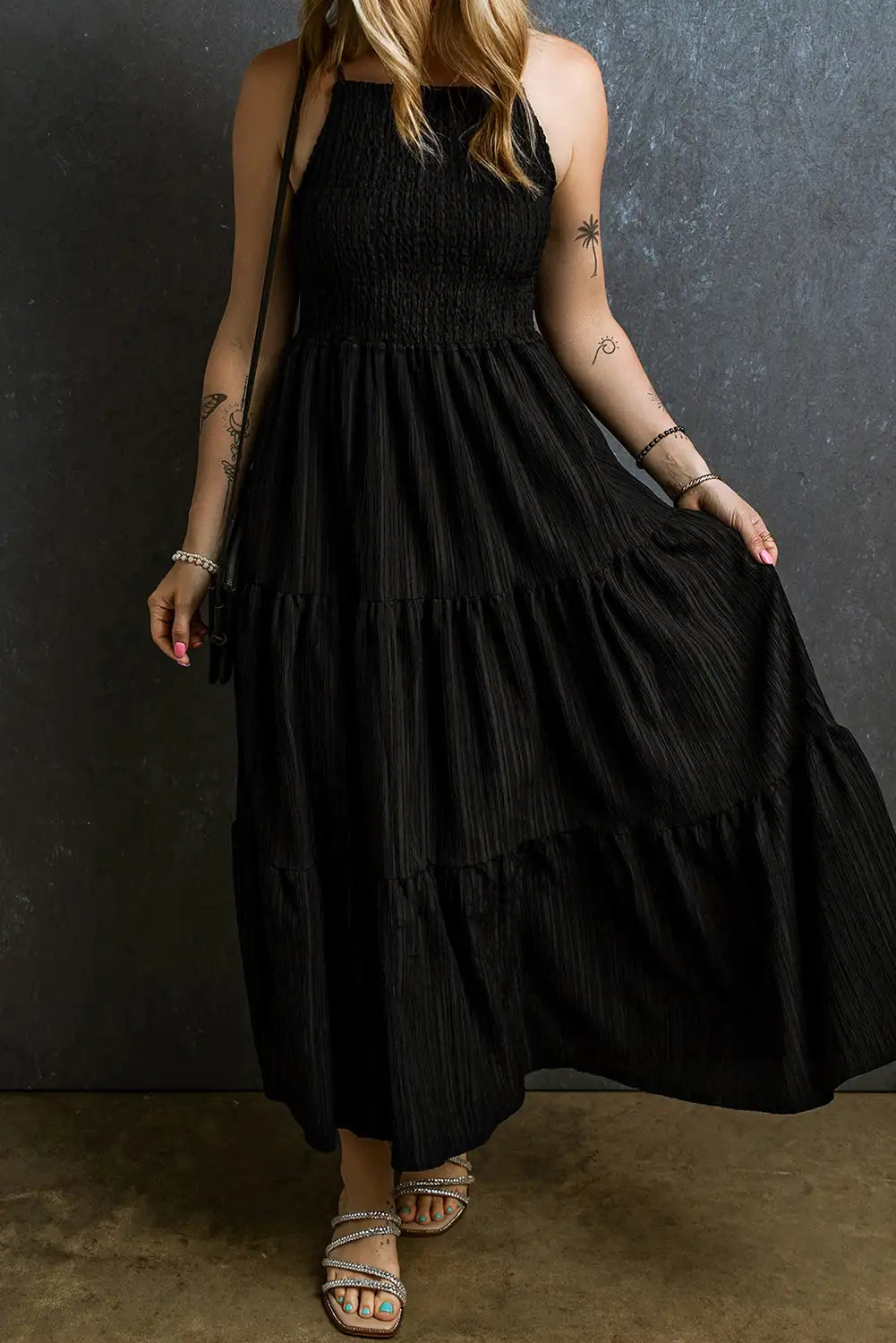 black smocked pleated maxi dress