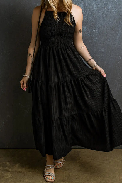 black smocked pleated maxi dress