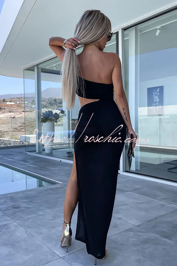 Little Mermaid One Shoulder Cutout Waist Ruched Stretch Maxi Dress