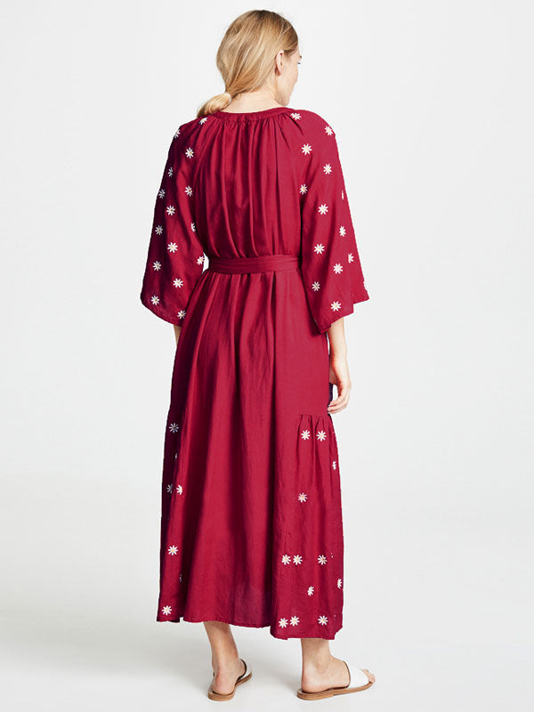 Boho Dress Burgundy V-Neck 3/4 Length Sleeves Embroidered Bohemian Gypsy Belted Beach Vacation Spring Summer Midi Dress For Women