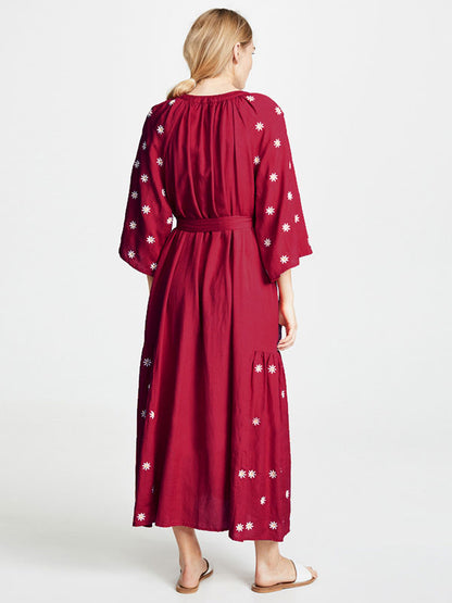 Boho Dress Burgundy V-Neck 3/4 Length Sleeves Embroidered Bohemian Gypsy Belted Beach Vacation Spring Summer Midi Dress For Women