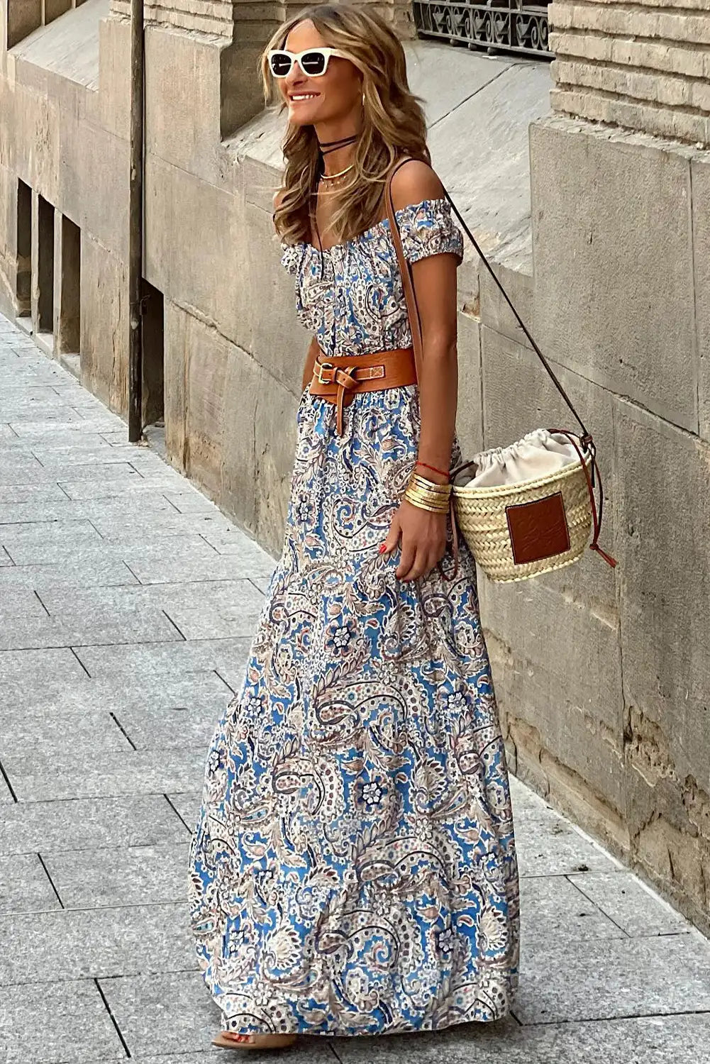 boho paisley off shoulder maxi dress