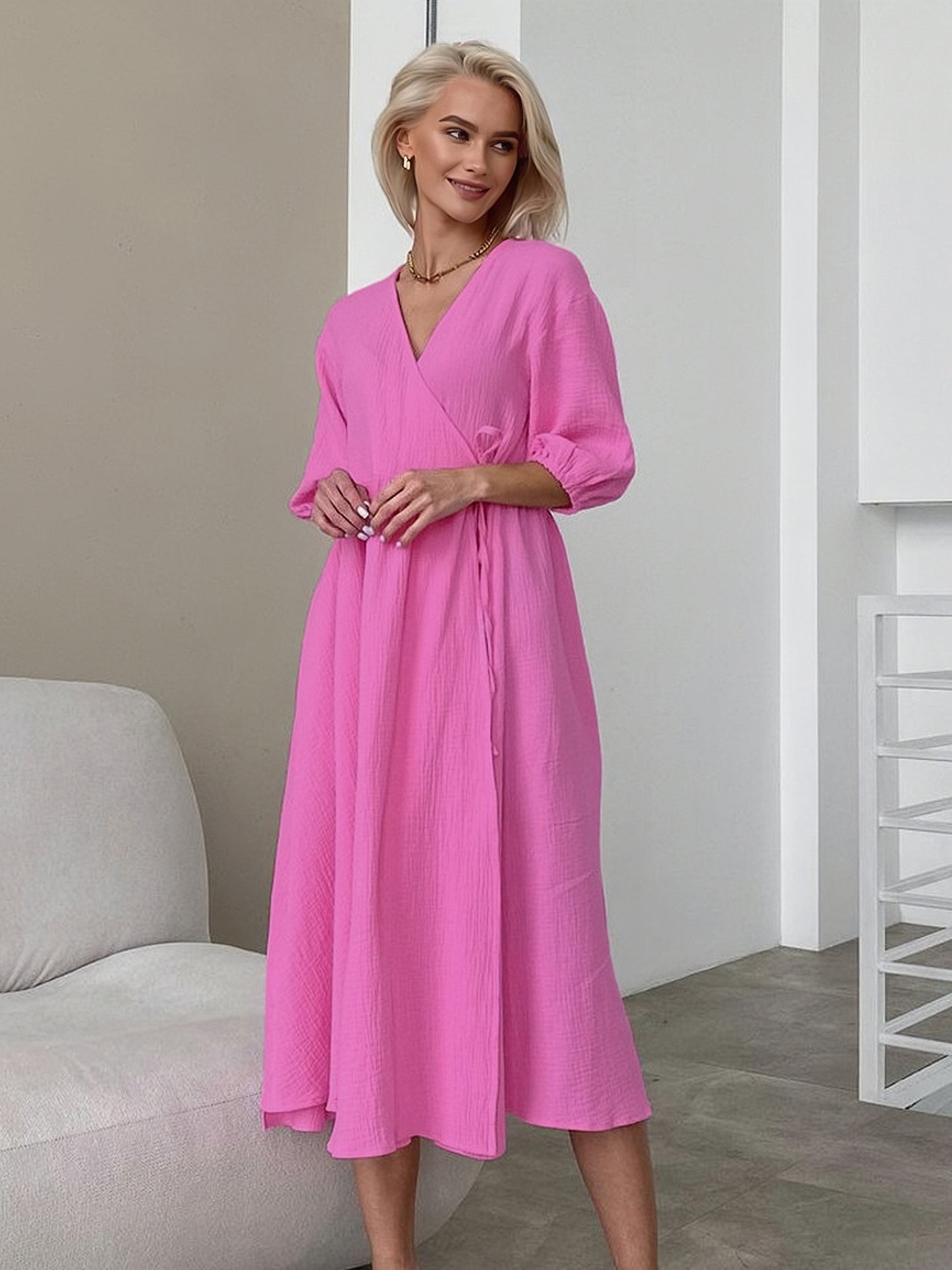Wrap Dress V-Neck Half Sleeves Belted Casual Summer Midi Dresses