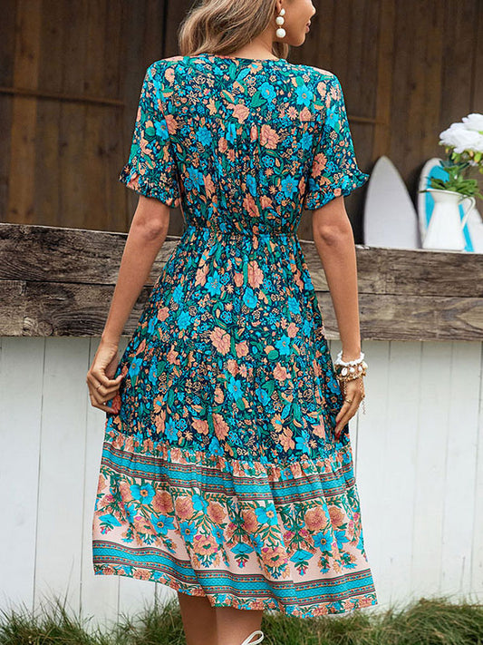 Floral Print Bohemian V-Neck Short Sleeves Midi Dress