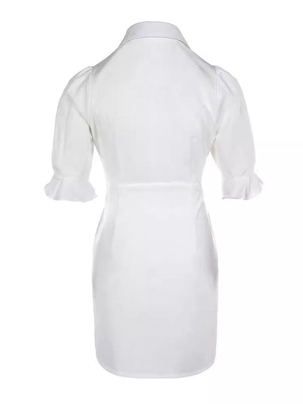 A-Line Flared Sleeves Buttoned Pleated Pockets Solid Color Split-Joint Lapel Mini Dresses Shirt Dress