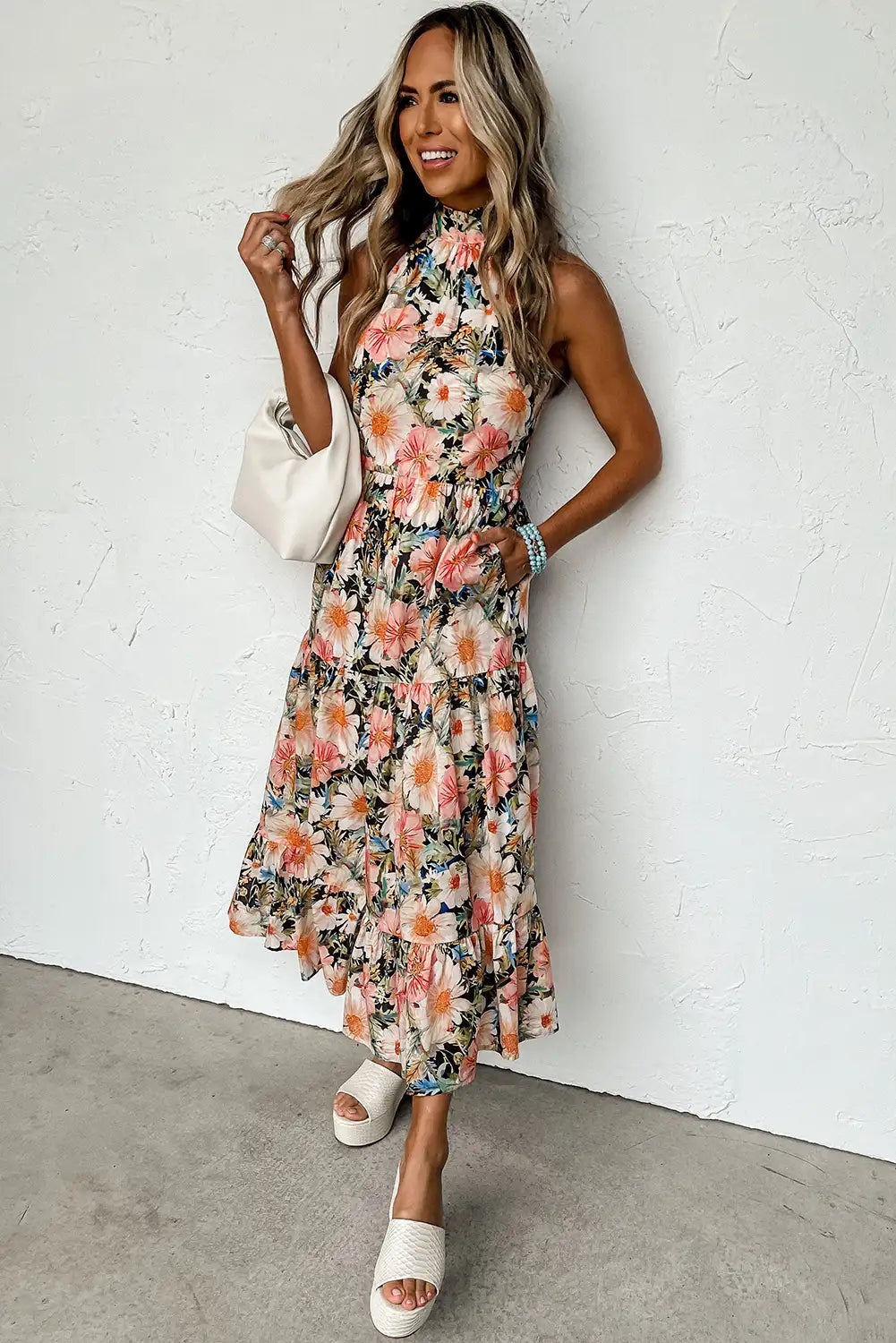 boho floral halter maxi dress in black