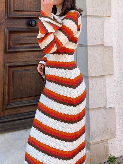 Long Sleeves Loose Backless Split-Joint Striped Round-Neck Maxi Dresses Sweater Dresses