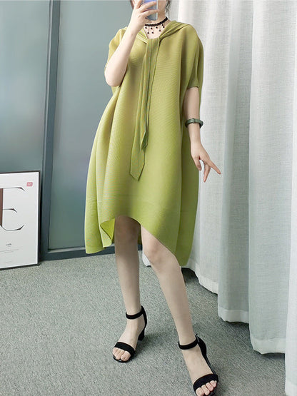 Batwing Sleeves Loose Lace-Up Pleated Hooded Midi Dresses