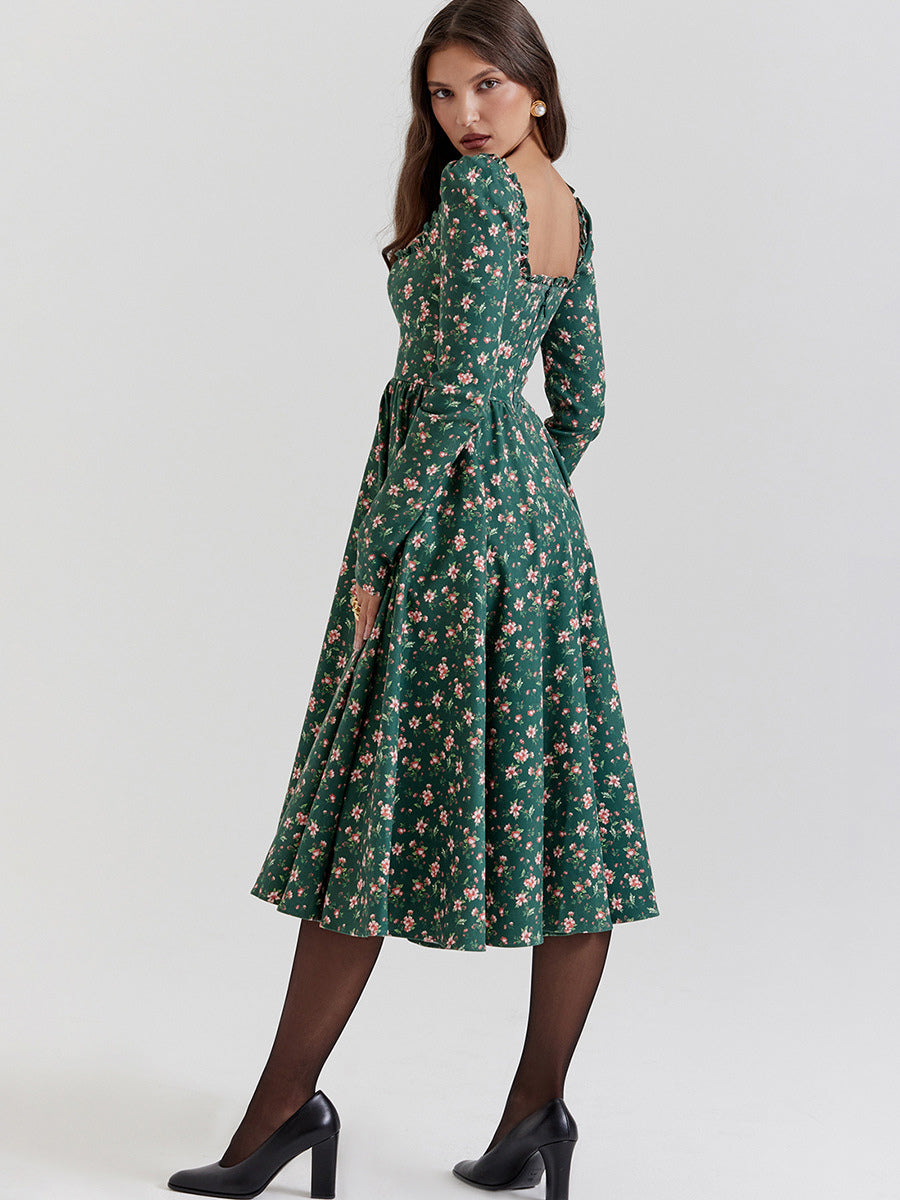 Dark Navy A-Line Dress Square Neck Backless Long Sleeves Day Midi Dresses