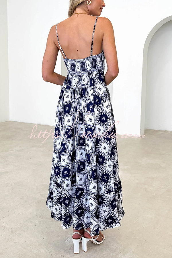 Elide Satin Unique Print Back Smocked Vacation Maxi Dress