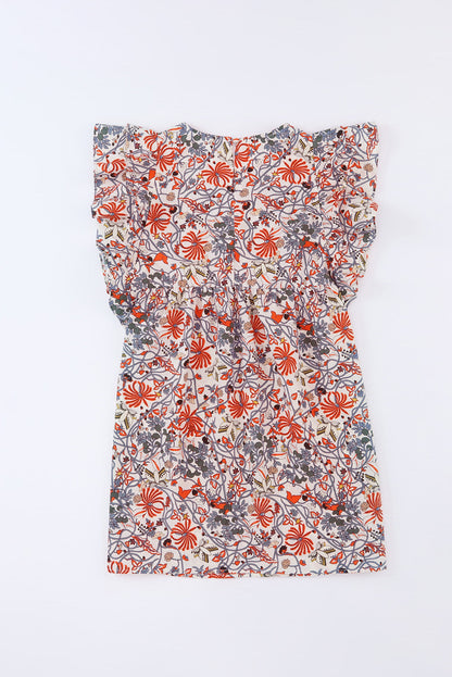 Round Neck Ruffled Flutter Sleeve Floral Mini Dress