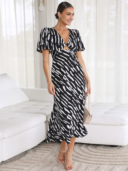 Print Midi Dress Printed Short Sleeves V-Neck Casual Cut Out Medium Summer Dresses