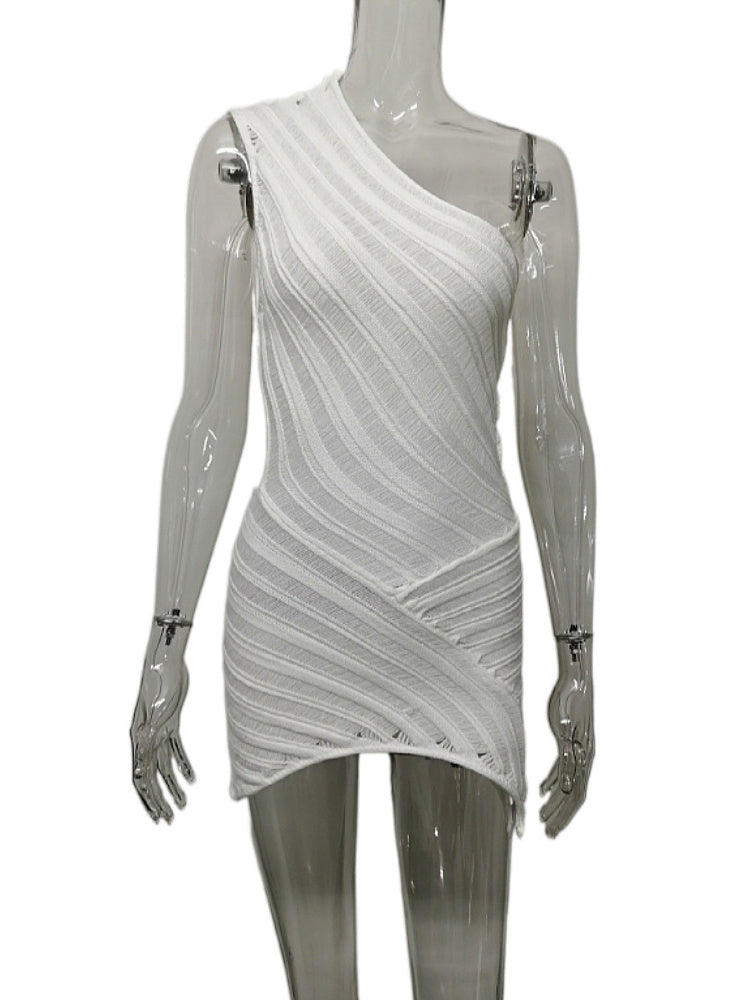 Tossy Knit Off-Shoulder Patchwork Hollow Out White Mini Dress