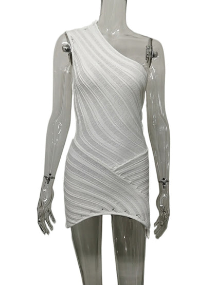 Tossy Knit Off-Shoulder Patchwork Hollow Out White Mini Dress