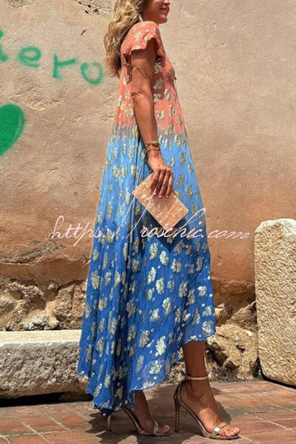 Evaluna Tie Dye Gradient Golden Flower Print Short Sleeve A-line Maxi Dress